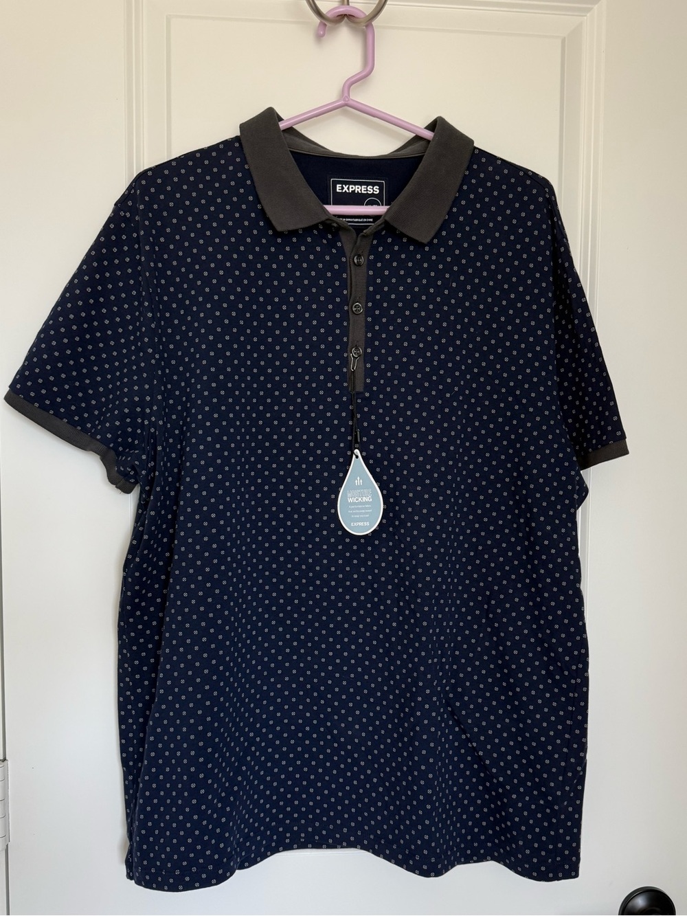 Express Men’s Navy Polo with White Dot Pattern Stretch Moisture Wicking